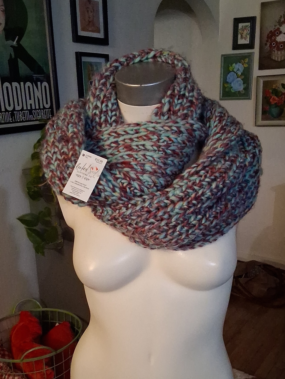 Chunky Multicolor Infinity Scarf in Teal, Mauve & Gray